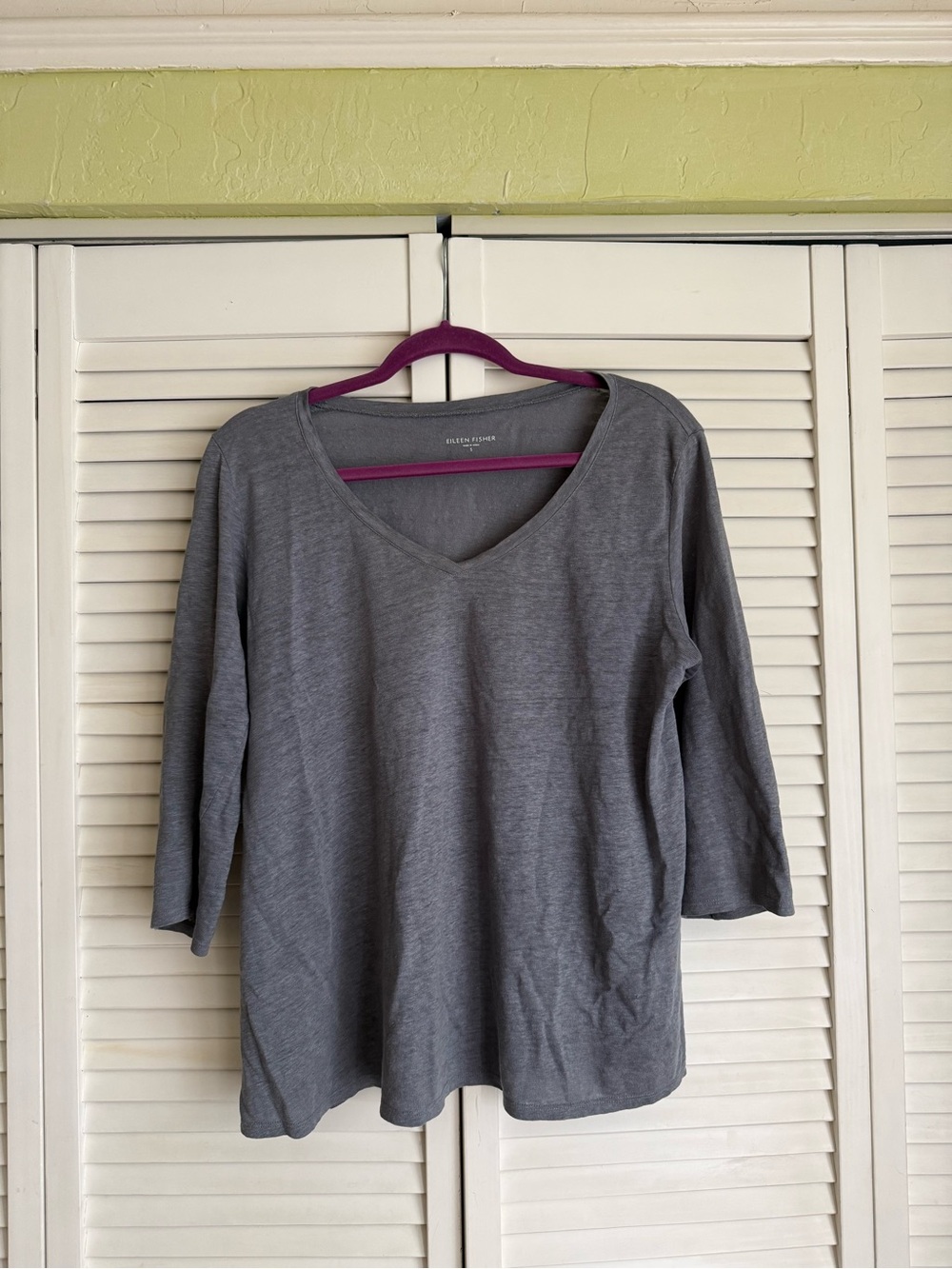 Eileen Fisher 100% Linen Heather Blue-Gray Wide V-Neck 3/4 Sleeve Top
